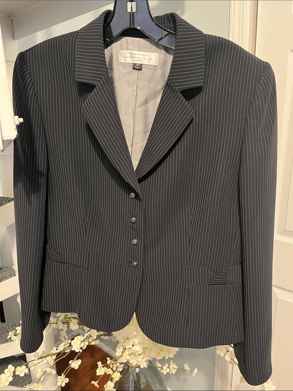 Tahari ASL Dark Navy Pinstripe Women's Tailored Blazer 14 Petite